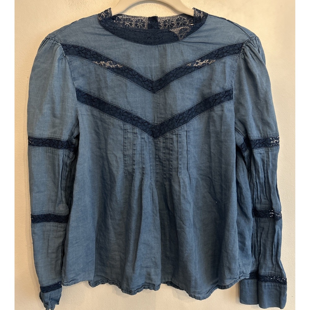 J. Crew Lace‎ Trim Mock Neck Blouse Indigo 100% Cotton Women's Size Small